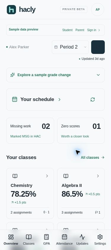 Hacly mobile overview with grades and bottom navigation, using sample data